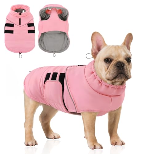 Peferhouse Warmer Wintermantel für mittelgroße Hunde, kaltes Wetter, winddicht, reflektierende Jacke mit Geschirrloch, dicke Hundeweste, Jacke, Rosa, Größe M von PREFERHOUSE