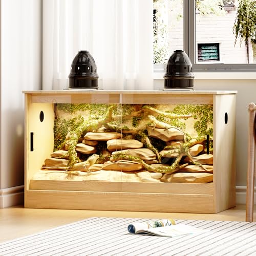 Reptilien Terrarium, Reptilien Futterbox, Insekten Futterbox, Reptilien Aufzuchtbox für Spinnen, gehörnte Frösche, Echse, Schlangen, 120 * 50 * 70cm，Gehärtetes Glas+MDF, Original-Holzfarbe von PREMTURE