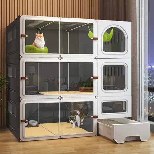 Katzenkäfig, Katzenkäfige für den Innenbereich mit Katzentoilette, DIY-Katzenlaufstall, HD, transparent, neu verbesserte Schiebetür für 1–2 Katzen, Frettchen, Chinchillas, Kaninchen, Kleinti von PRESSLAY