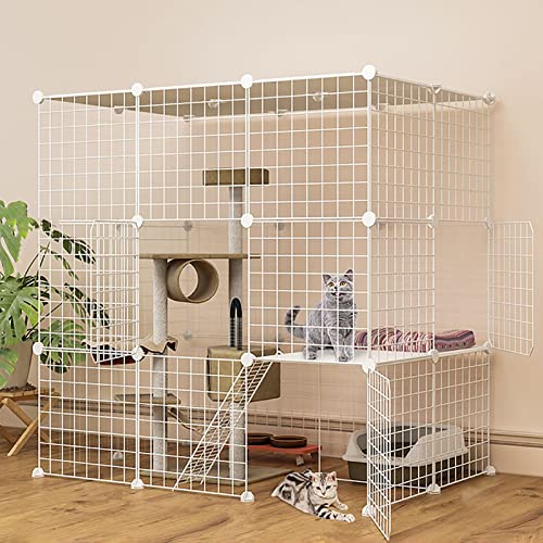 Katzenkäfig, Katzenzwinger aus Metall, Frettchengehege, Chinchillakäfig, Rampe/Leitern/Hängematte für Haustiere, geschlossener Katzenkäfig mit Katzentoilette (Farbe: Weiß, Größe: 111 x 75 x von PRESSLAY