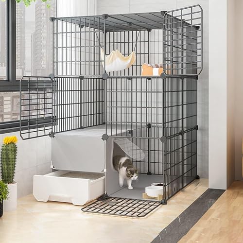 Katzenkäfige für den Innenbereich, groß, mit Katzentoilette, Katzenkäfig aus Draht, zusammenklappbarer Katzenkäfig, tragbarer Meerschweinchenkäfig, mit Fußpolster aus Kunstharz – Schwarz/Gel von PRESSLAY