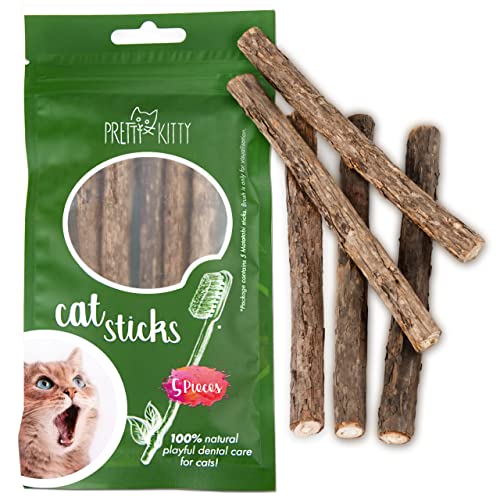 PRETTY KITTY Katzen Zahnpflege Sticks : 5X Matatabi Stick Katze aus Holz – Katzenspielzeug Natur gegen Mundgeruch – Dental Sticks Katze – Katzen Kauspielzeug für Dental Care bei Katzen Cat Sticks von PRETTY KITTY