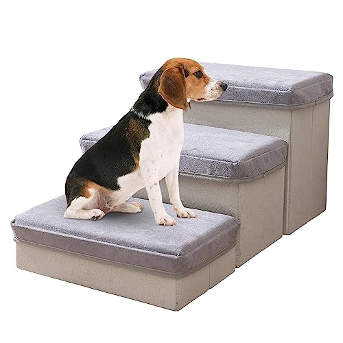 Haustiertreppe für Hunde, Leinenstoff, Hundeleiter, Möbeltreppe, Hundetreppe, Haustiertreppe, hochdichter Schaumstoff, zusammenklappbare Haustiertreppe und Stufen, Haustierrampe für Sofa, Stuhl von PRIMUZ