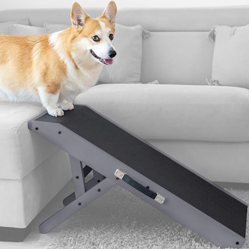 Hunderampe - Hundetreppe für kleine Hunde und große Hunde - Einstellbar 18-53 cm - Für Bett, Sofa - Birkenholz - Landeplattform schließt nahtlos an - Rampe Hund Klappbar - Anti-rutsch Einsatz Grau von PRIORPET