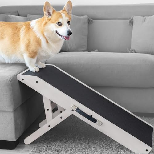 Hunderampe - Hundetreppe für kleine Hunde und große Hunde - Einstellbar 18-53 cm - Für Bett, Sofa - Birkenholz - Landeplattform schließt nahtlos an - Rampe Hund Klappbar - Anti-rutsch Einsatz Weiß von PRIORPET