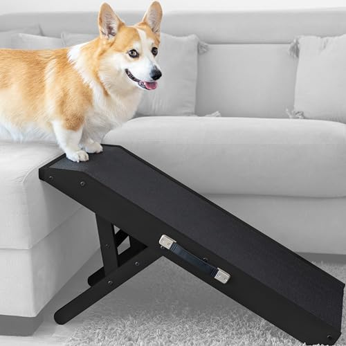 Hunderampe - Hundetreppe für kleine Hunde und große Hunde - Einstellbar 18-53 cm - Für Bett Sofa - Birkenholz - Landeplattform schließt nahtlos an - Rampe Hund Klappbar - Anti-rutsch Einsatz Schwarz von PRIORPET