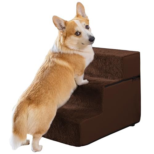 Hundetreppe für kleine Hunde - 3 Stufen Hunde Treppe 43cm hoch - Schaumstoff Hundetreppe Sofa - Sicher und stabil - Abnehmbarer waschbarer Bezug - Anti-Rutsch-Boden - Haustiertreppe Hund Braun von PRIORPET