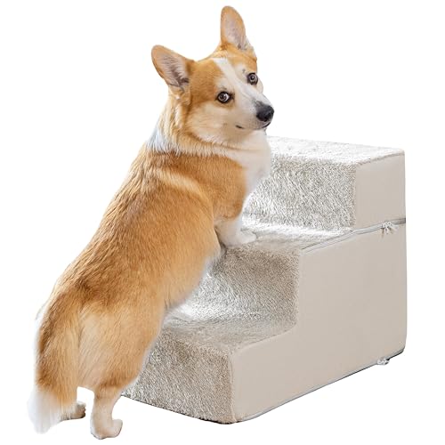 Hundetreppe für kleine Hunde - 3 Stufen Hunde Treppe 43cm hoch - Schaumstoff Hundetreppe Sofa - Sicher und stabil - Abnehmbarer waschbarer Bezug - Anti-Rutsch-Boden - Haustiertreppe Hund Cremeweiß von PRIORPET