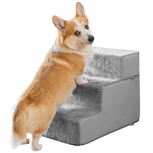 Hundetreppe für kleine Hunde - 3 Stufen Hunde Treppe 43cm hoch - Schaumstoff Hundetreppe Sofa - Sicher und stabil - Abnehmbarer waschbarer Bezug - Anti-Rutsch-Boden - Haustiertreppe Hund Hellgrau von PRIORPET