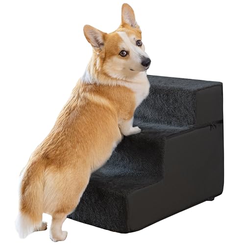 Hundetreppe für kleine Hunde - 3 Stufen Hunde Treppe 43cm hoch - Schaumstoff Hundetreppe Sofa - Sicher und stabil - Abnehmbarer waschbarer Bezug - Anti-Rutsch-Boden - Haustiertreppe Hund Schwarz von PRIORPET