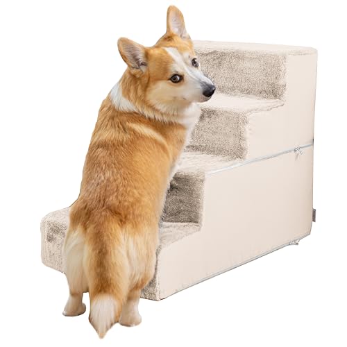 Hundetreppe für Bett - 4 Stufen Hunderampe 58cm hoch - Schaumstoff Hundetreppe für kleine Hunde - Sichere und stabile Haustiertreppe - Abnehmbarer waschbarer Bezug - Hundetreppe für Sofa Cremeweiß von PRIORPET