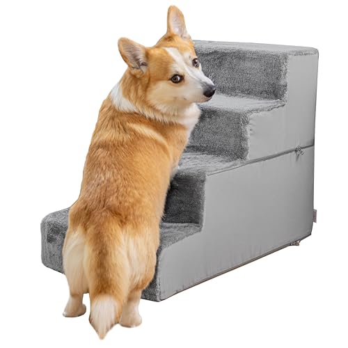 Hundetreppe für Bett - 4 Stufen Hunderampe 58cm hoch - Schaumstoff Hundetreppe für kleine Hunde - Sichere und stabile Haustiertreppe - Abnehmbarer waschbarer Bezug - Hundetreppe für Sofa Hellgrau von PRIORPET