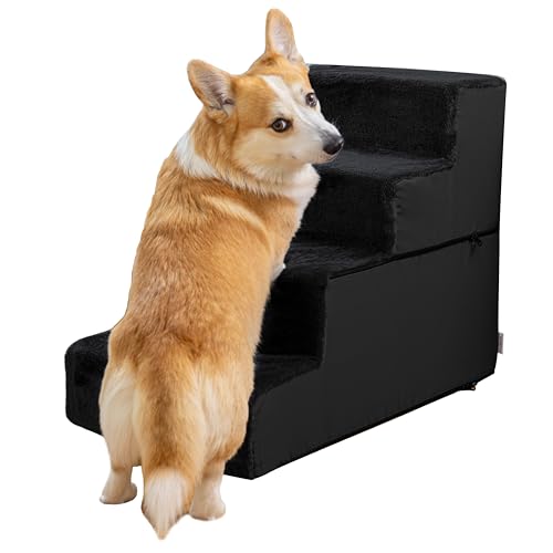 Hundetreppe für Bett - 4 Stufen Hunderampe 58cm hoch - Schaumstoff Hundetreppe für kleine Hunde - Sichere und stabile Haustiertreppe - Abnehmbarer waschbarer Bezug - Hundetreppe für Sofa Schwarz von PRIORPET