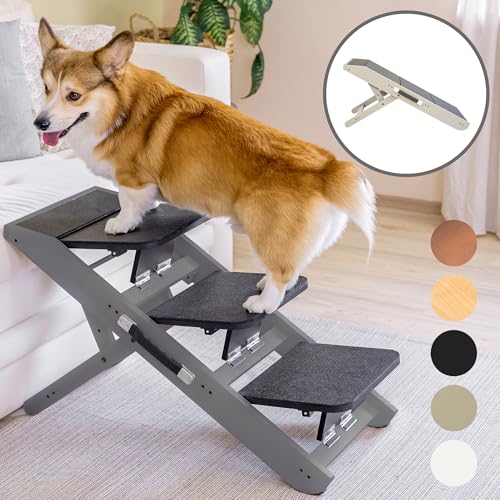 Hundetreppe für Bett & Sofa 2-in-1 Hundetreppe/Rampe - höhenverstellbare Hunderampe für Couch 18-50 cm - Hundetreppe für kleine Hunde - leicht zu bewegen Haustiertreppe mit Absatzplattform, Grau von PRIORPET