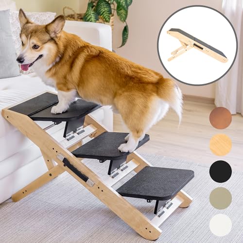 Hundetreppe für Bett & Sofa 2-in-1 Hundetreppe/Rampe - höhenverstellbare Hunderampe für Couch 18-50 cm - Hundetreppe für kleine Hunde - leicht zu bewegen Haustiertreppe mit Absatzplattform, Natur von PRIORPET