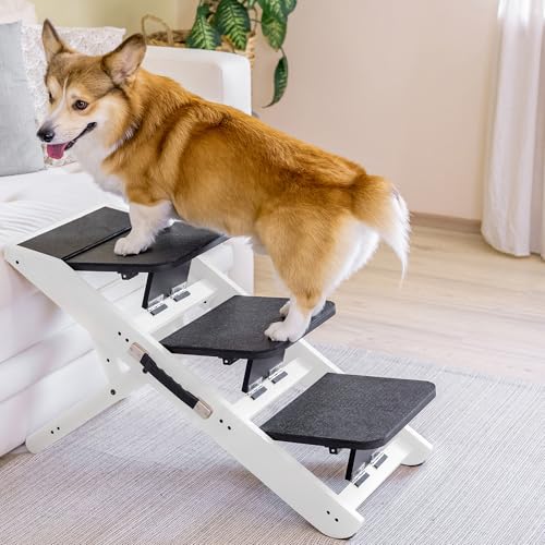 Hundetreppe für Bett & Sofa 2-in-1 Hundetreppe/Rampe - höhenverstellbare Hunderampe für Couch 18-50 cm - Hundetreppe für kleine Hunde - leicht zu bewegen Haustiertreppe mit Absatzplattform, Weiß von PRIORPET