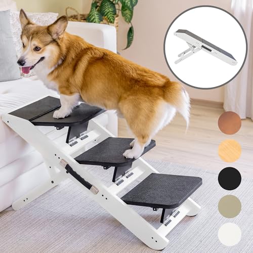 Hundetreppe für Bett & Sofa 2-in-1 Hundetreppe/Rampe - höhenverstellbare Hunderampe für Couch 18-50 cm - Hundetreppe für kleine Hunde - leicht zu bewegen Haustiertreppe mit Absatzplattform, Weiß von PRIORPET