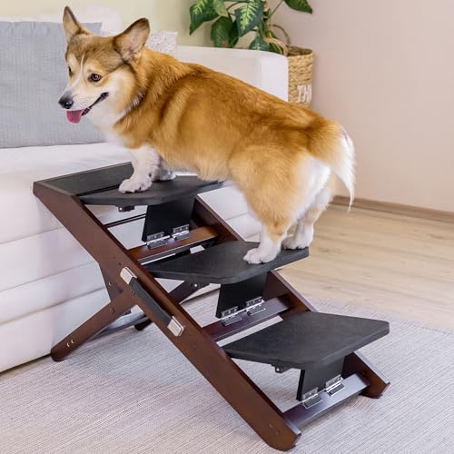 Hundetreppe für Bett & Sofa 2-in-1 Hundetreppe/Rampe - höhenverstellbare Hunderampe für Couch 18-50cm - Hundetreppe für kleine Hunde - leicht zu bewegen Haustiertreppe mit Absatzplattform, Walnuss von PRIORPET