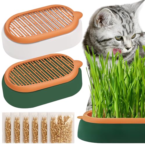 PRITOK Katzengras Tablett Wachstumsset: Kunststoff Bequem Katze Gras Fall, 2 Stücke Hydroponik-Katzengraskasten mit 6 Tasche Seed, Katzengras-Keimschale Für Katzenhunde Haustiere von PRITOK