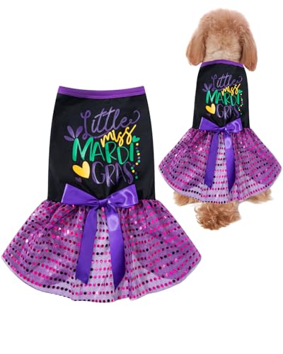 Mardi Gras Hundekleid für den Urlaub, Hundekleidung, Little Miss Mardi Gras Welpen-Hundekleid, Lila, Größe M von PROMOTED TO BIG SISTER