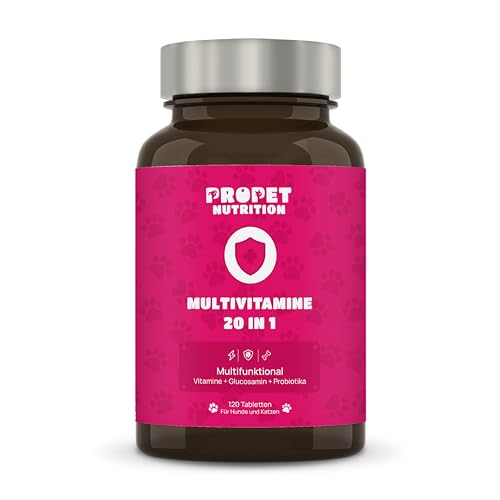 Multivitamin Komplex 20 in 1 Hund und Katze. Vitamine A, B, C, H. Mit Probiotika und Glucosamin. Stärkung des Immunsystems. Frei von Getreide und Zucker. 100% Natürlich. Gelenktabletten Hund. Omega 6 von PROPET NUTRITION