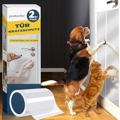 PROTECTO 2-Pack Tier - Kratzschutz mit Cuttermesser – Schutz für Türen + Holz & Möbel vor Hunden & Abschreckung bei kratzenden Katzen – Fensterschutz Katze – Anti Kratz Folie – Schutzfolie Tür von PROTECTO