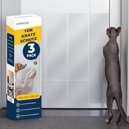 PROTECTO 3-Pack Tier - Kratzschutz mit Cuttermesser – Schutz für Türen + Holz & Möbel vor Hunden & Abschreckung bei kratzenden Katzen – Fensterschutz Katze – Anti Kratz Folie – Katzenschutz von PROTECTO