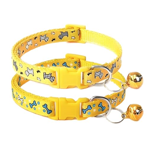 Extra kleines Hundehalsband mit Glöckchen, 2 Stück, für Jungen und Katzen, mit Glöckchen, Nylon, niedliches Kätzchen-Halsband, verstellbar, für XXS, XS, Teetasse, kleine Hunde, Gelb von PSPORT