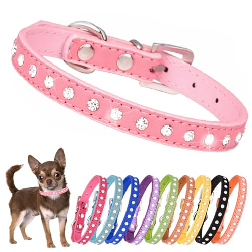 Glänzendes Diamant Hundehalsband, Strass Bling Glitzer Katzenhalsband PU Leder Kätzchen Mädchen Halsband Verstellbar für XSmall Kleine Mittlere Hunde Rosa XS von PSPORT