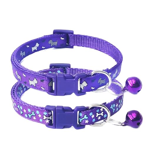 Halsband für Welpenmädchen mit Glöckchen, 2er-Pack, weibliches Katzenhalsband mit Glöckchen, Nylon, niedliches Kätzchen-Halsband, verstellbar, für XXS, XS, Teetasse, kleine Hunde, Violett von PSPORT