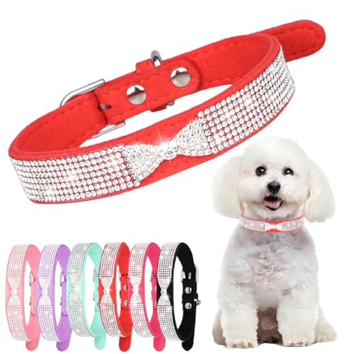 Red Bling Hundehalsband für kleine Hunde, Weihnachts-Strass-Welpenhalsband mit Juwelen, glitzernd, für Mädchen, Katzen, verstellbar, für XXS, XS, kleine, mittelgroße Hunde, S von PSPORT