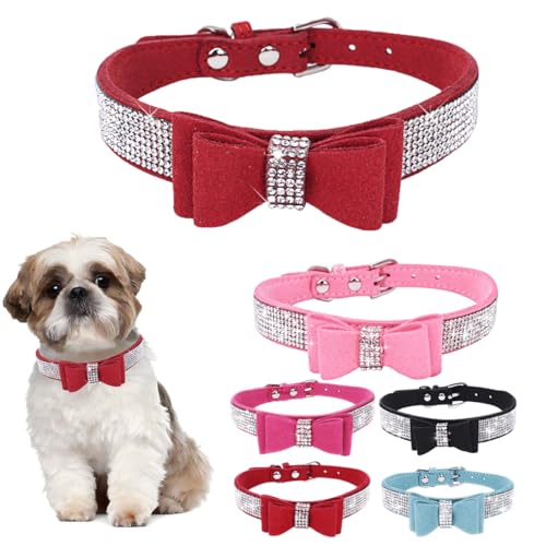 Hundehalsband mit Fliege, Kristall-Glitzer, Strass, verstellbar, für kleine und mittelgroße Hunde, Schwarz, Rot, Rosa von PSPORT