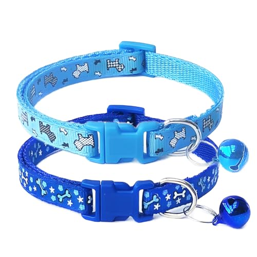 Hundehalsband mit Glöckchen, 2er-Pack, männliches Katzenhalsband mit Glöckchen, blaues Nylon, niedliches Kätzchen-Halsband, verstellbar, für XXS, XS, Teetasse, kleine Hunde von PSPORT