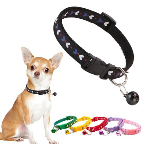 Hundehalsband mit Glöckchen, Nylon, für Mädchen, Kätzchen, Glöckchen, niedliches Herz, Welpen, weiches Katzenhalsband für weibliche Teetasse, kleine XXS, extra kleine Tiere, Schwarz von PSPORT