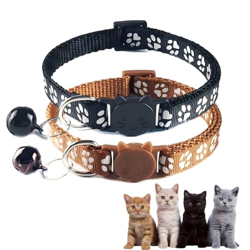 Katzenglocken-Halsband, schwarz, mit Glöckchen, niedlicher Katzenkrallen-Druck, Nylon, sicher, verstellbar, für XXS, XS, kleine Jungen und Mädchen, Katzen, 2 Stück von PSPORT