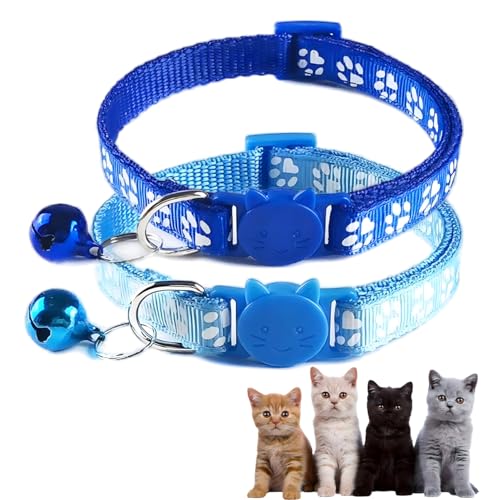 Katzenhalsband mit Glöckchen, Breakaway-Welpenhalsband mit Glöckchen, niedlicher Katzenkrallen-Druck, Nylon, sicher, verstellbar, für XXS, XS, kleine Katzen, Blau, 2 Stück von PSPORT