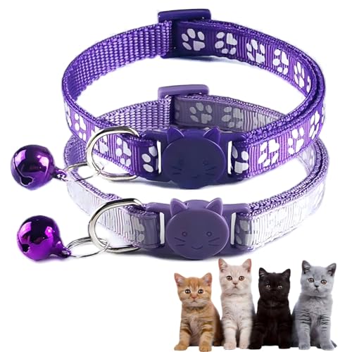 Katzenhalsband mit Glöckchen, lila, mit Glöckchen, niedlicher Katzenkrallen-Druck, Nylon, sicher, verstellbar, für XXS, XS, kleine Katzen, 2 Stück von PSPORT