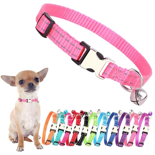 Rosa XS Hundehalsband mit Glöckchen, reflektierendes Nylon, für Mädchen und Katzen, Metallschnalle, Welpenhalsbänder für weibliche Welpen, Haustiere, XS, kleine Hunde und Kätzchen von PSPORT