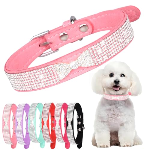 Strass Hundehalsband Bling Diamant Fliege Krone Katzenhalsbänder Verstellbar für Kleine Mittlere Große Haustiere, Kätzchen und Welpen mit Schnalle Rosa M von PSPORT