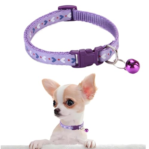 XXS Hundehalsband mit Glöckchen, violettes Mädchen, Kätzchen, Glockenhalsband, niedliches Herz-Design, verstellbar, Nylon, Katzenhalsband für Welpen, kleine XS, extra kleine Tiere von PSPORT