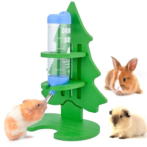 PStarDMoon Weihnachten Bunny Wasserflasche mit natürlichem Holzständer Kleintiere Wasserflasche Halter für kleine Haustiere wie Hamster, Mäuse, Rennmäuse, Meerschweinchen, Kaninchen, Welpen, Katzen von PStarDMoon