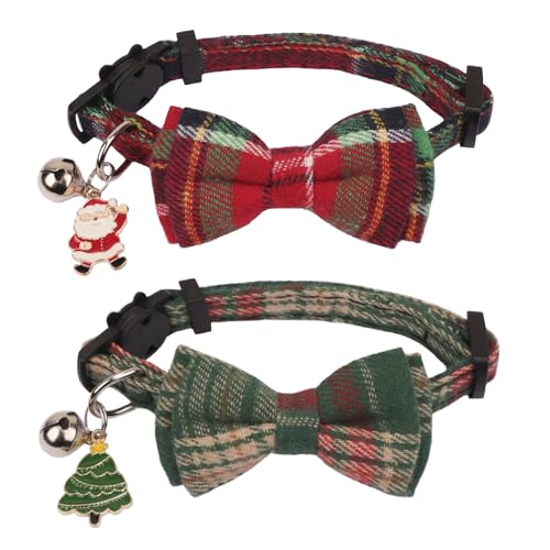 PTDECOR Weihnachtliches Katzenhalsband, rot/grün, kariert, Fliege, Weihnachtskatzenhalsband mit abnehmbarer Fliege, Glocke, Weihnachts-Kätzchenhalsband, karierte Schleife, Weihnachtshalsbänder für von PTDECOR