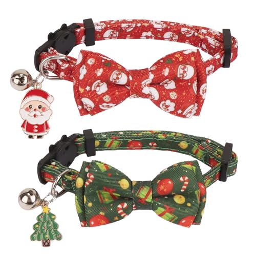 PTDECOR Weihnachtliches Katzenhalsband mit Fliege, Glocke, 2 Stück, mit abnehmbarer Fliege, Weihnachtsmann-Boxhalsband für Katzen, Kätzchen (Weihnachten 1) von PTDECOR