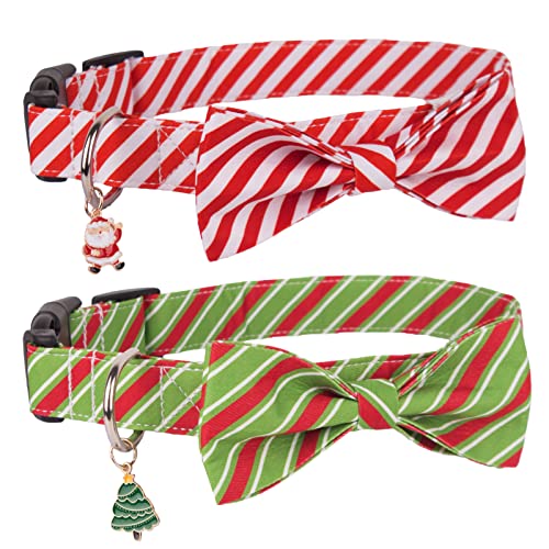 PTDECOR Weihnachts-Hundehalsband mit Schleife, klassische gestreifte Weihnachts-Hundehalsbänder mit abnehmbarer Fliege, Weihnachtshalsbänder für kleine, mittelgroße und große Hunde, Haustiere (rot und von PTDECOR