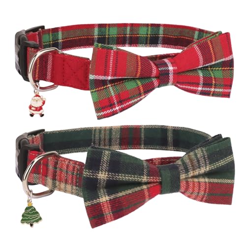 PTDECOR Weihnachts-Hundehalsband mit Schleife, verstellbar, rot-grün, kariert, mit abnehmbarer Fliege, Weihnachtshalsbänder für kleine Hunde und Haustiere (Weihnachts-2, klein) von PTDECOR