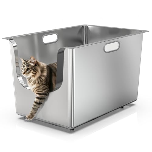 Katzentoilette aus Edelstahl, 35,8 cm hohe Seiten, XL-Katzentoilette aus Metall mit 12,9 cm gebogenem, tiefem Eingang, Katzentoilette für große und mehrere Katzen, Katzentoilette mit praktischen von PTFFF