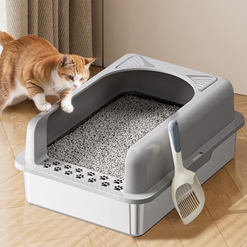 Katzentoilette aus Edelstahl mit Deckel, Katzentoilette für große & mehrere Katzen, XL Extra große Metalltoilette mit 30,5 cm hoher Wand, inklusive Schaufel, geruchlos, auslaufsicher, von PTFFF