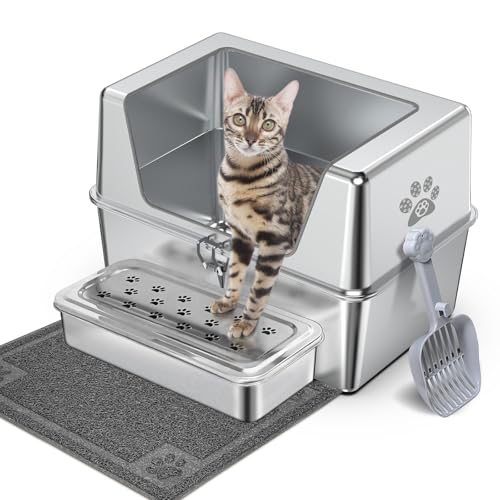 Katzentoilette aus Edelstahl mit Deckel, Metall-Katzentoilette mit 30 cm hohen Seiten, Katzentoilette für große und mehrere Katzen, Katzentoilette mit Edelstahlpedal, Katzentoilette und Streuschaufel von PTFFF