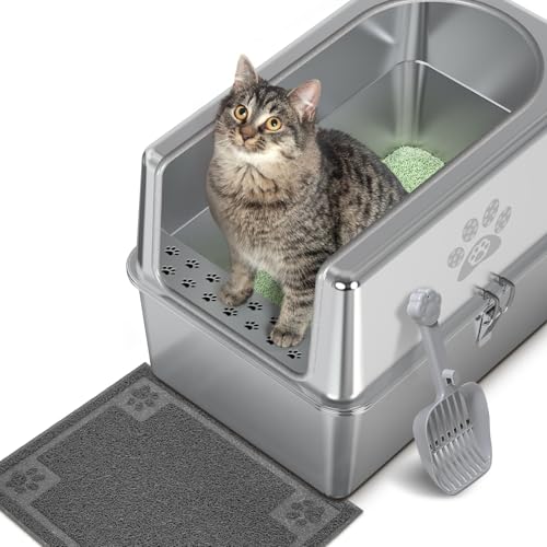 PTLOM Katzentoilette aus Edelstahl mit Deckel，XXL herausnehmbare Edelstahl Katzenklo，15cm hohen Rand Seitenwänden für Katzen，robust, leicht zu reinigen, geruchsfrei,mit Streuschaufel Katzenstreumatte von PTLOM