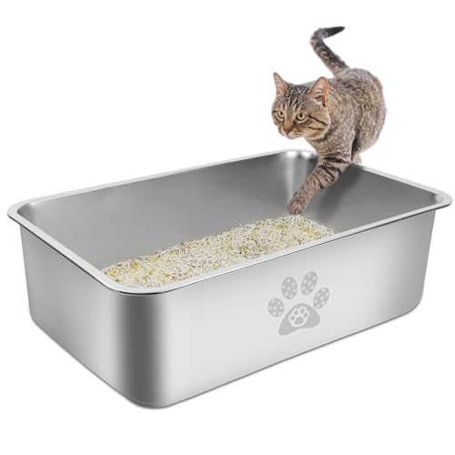 PTLOM Edelstahl Katzenklo, Große Katzentoilette aus Metall, Spritzwassergeschützt, Geruchsfrei und Antihaftbeschichtet, Katzenklo XXL, Geeignet Für Große und Kleine Katzen, Kaninchen，60x40x15cm von PTLOM